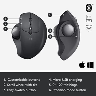 Logitech MX Ergo Wireless Trackball Mouse, Ergonomic Design, Move Content Between 2 Windows and Apple Mac Computers (Bluetooth or USB), Rechargeable - Image 6