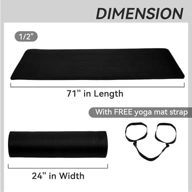 Fitvids All Purpose 1/2-Inch Extra Thick High Density Anti-Tear Exercise Yoga Mat with Carrying Strap, Black - Image 2