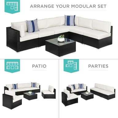 Best Choice Products 7-Piece Modular Outdoor Sectional Wicker Patio Conversation Set w/ 2 Pillows, Coffee Table, Cover Included - Black/White Sand - Image 2