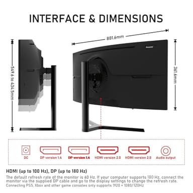 Gawfolk 34 Inch Ultrawide Curved 180Hz Gaming Computer Monitor 1000R PC screen 21:9 UWQHD (3440x1440) ,1ms,100%sRGB,Adaptive Sync,Display Port、HDMI,Liftable Stand,Wall Mount Compatible 75*75mm-Black - Image 8