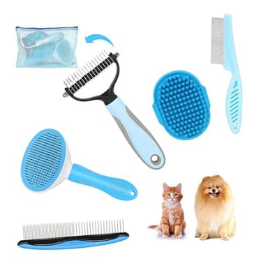 5-in-1 Grooming Kit - Supplies for Short and Long Hair Dogs, Bath Brush, Dematting Rake and Comb (Set of 5, Blue) - Image 1