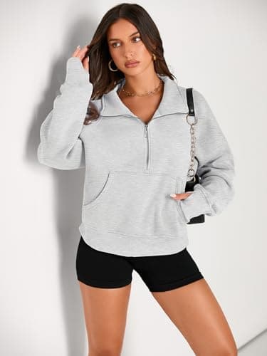 AUTOMET Womens Sweatshirts Half Zip Cropped Pullover Fleece Quarter Zipper Sweater Hoodies 2025 Fall Fashion Outfits Clothes Grey XX-Large - Image 2