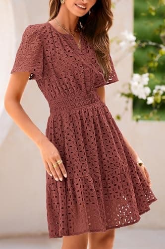 PRETTYGARDEN Womens 2025 Summer Short Dress V Neck Short Sleeve A Line Hollow Out Lace Ruffle Cute Casual Beach Party Dresses (Brown Red,Medium) - Image 3