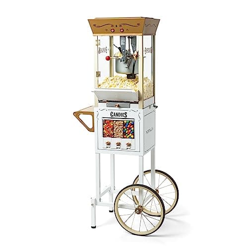 Vintage 8 Ounce Professional Popcorn and Dispensing Cart, Makes Up to 32 Cups, Three Storage Dispensers for Kernels, Candy, Nuts, Chocolate, Measuring Spoons and -Scoop Included - Image 1