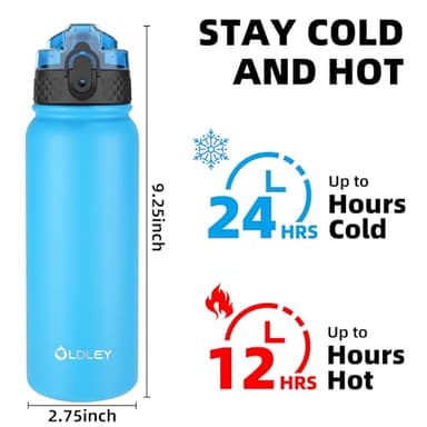 OLDLEY Insulated Water Bottle 20oz Water Bottles with Straw, Stainless Steel Water Bottle with 3 Lids, Double Wall Vacuum Bottles for Adult Kids, Sports Bottles for School Travel,Blue - Image 3