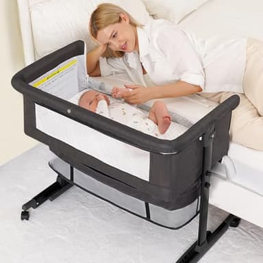 Baby Bassinet, 3 in 1 Bedside Bassinets for Baby, Bassinet Bedside Sleeper with Wheels, Adjustable Height with Rocking Mode, Breathable Mesh, Storage Basket, Easy Assemble & Folding (Dark Gray) - Image 1