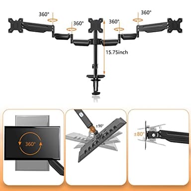 Pholiten Triple Monitor Desk Mount,Triple Gas Spring Monitor Arm for 17-32 inch LCD Computer Screens,Holds up to 22lb,Swivel, Tilt, Rotation, Clamp & Grommet Kit - Image 4