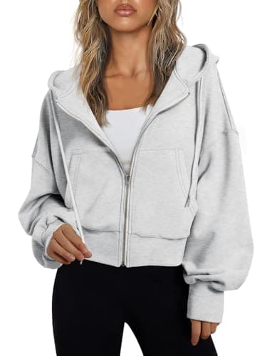 Trendy Queen Hoodies for Women Full Zip Up Cropped Sweatshirts Jackets Casual Comfy Gym Tops Fall Outfits Winter Clothes 2025 Cute Y2k Fleece Sweaters Teen Girls Pullover Grey XL - Image 1