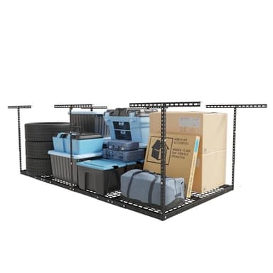 FLEXIMOUNTS 4x8 Overhead Garage Storage Rack, Adjustable Garage Storage Organization System, Heavy Duty Metal Garage Ceiling Storage Racks, 600lbs Weight Capacity, Black - Image 1