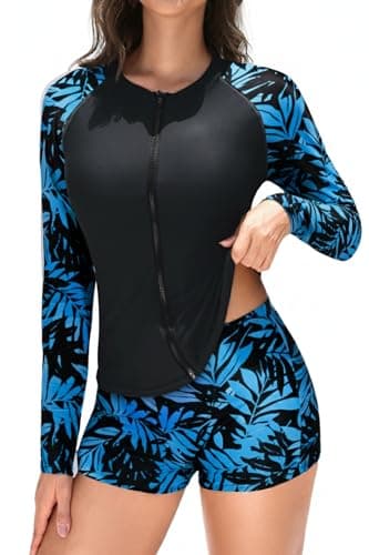 Holipick Black and Leaves 2 Piece Rash Guard for Women - Long Sleeve Swimsuit with Shorts UPF 50+ Zipper Swim Shirt M - Image 1