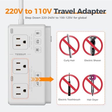 220V to 110V Voltage Converter, TESSAN Universal Travel Adapter with 4 USB Charger (1 USB C), 3 AC Sockets and EU/UK/AU/IT Plug Power Adaptor, Step Down Transformer Outlet Converters for International - Image 6