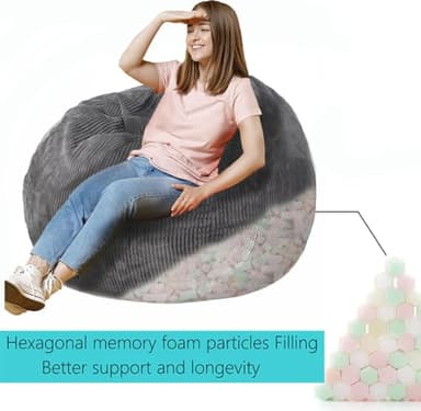 Bean Bag Chair 3Ft Luxurious Faux Rabbit Fur Memory Foam Bean Bag Chairs for Adults/Teens with Filling,Ultra Soft Faux Fur Fabric, Round Fluffy Sofa for Living Room Bedroom College Dorm (Grey) - Image 6