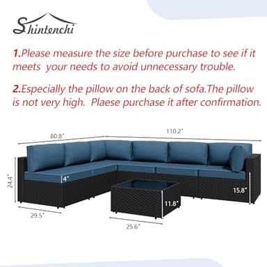 Shintenchi 7 Pieces Outdoor Patio Sectional Sofa Couch, Black Wicker Furniture Conversation Sets with Washable Cushions & Glass Coffee Table for Garden, Poolside, Backyard (Aegean Blue) - Image 5