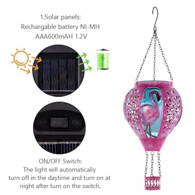Starsoul Pink Hot Air Balloon Solar Lantern Flamingo Metal & Glass Solar Hot Air Balloon Hanging Garden Light Waterproof Outdoor Lantern for Patio Yard Party Decor - Image 6