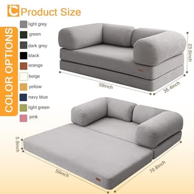 COMAX Folding Sofa Bed Queen, 4-in-1 Foldable Floor Couch Convertible Futon Sofa with Armrests Sleeper Mattress Chair Bed Comfy Portable Fold Out Lounge Guest for Living Room Bedroom, Light Grey - Image 2