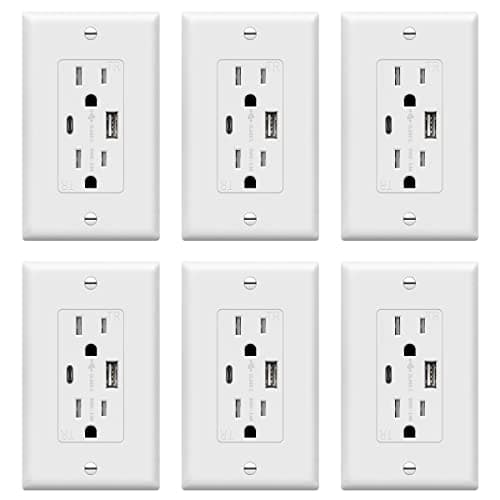 TOPGREENER USB Outlet, Type C & Type A USB Wall Outlet, 15 Amp Tamper Resistant Receptacle Plug, Charging Power Outlet with USB Ports, Wall Plate Included, UL Listed, TU21536AC-W-6PCS, White, 6 Pack - Image 1