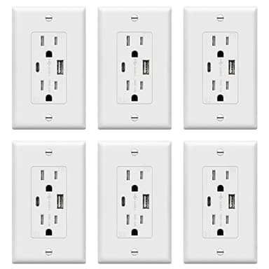 TOPGREENER USB Outlet, Type C & Type A USB Wall Outlet, 15 Amp Tamper Resistant Receptacle Plug, Charging Power Outlet with USB Ports, Wall Plate Included, UL Listed, TU21536AC-W-6PCS, White, 6 Pack - Image 1
