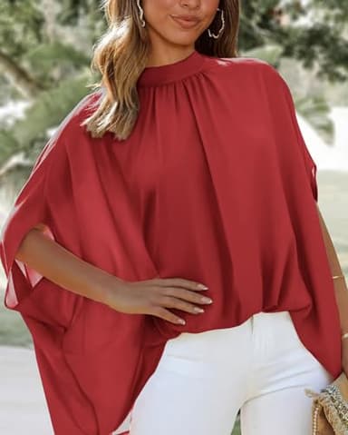 BTFBM Womens Summer Tops 2025 Fall Mock Neck Batwing Sleeve Shirts Loose High Low Hem Oversized Dressy Casual Blouses(Red, Medium) - Image 3