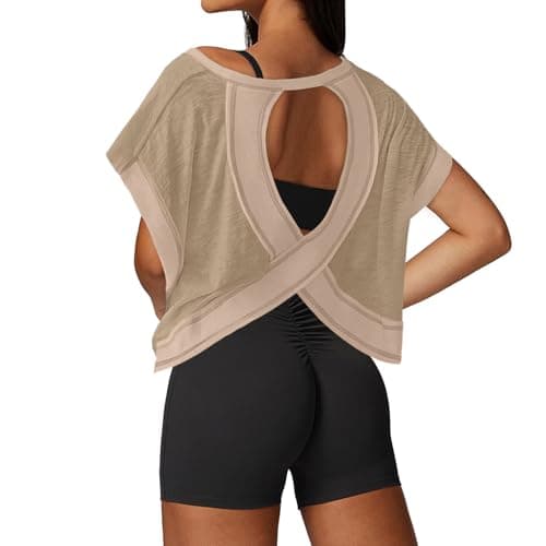 UNIANKIYA Open Back Workout Tops for Women Loose Fit Athletic Crop Tee Short Sleeve Gym Running Yoga Shirt Taupe - Image 1