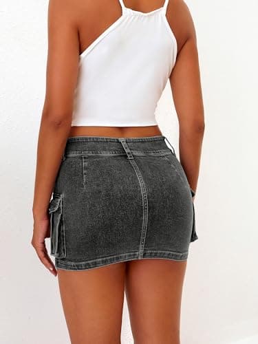 ELLEVEN Mini Cargo Skirts for Women High Stretchy, Low Waist Y2k Skirt Button Cute Denim Bodycon Jean Skirt with Pocket Black Denim X-Small - Image 5