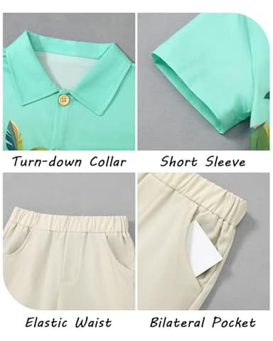 Coco&RARA Toddler Boy Clothes Baby Flamingo Hawaiian Outfits Short Sleeve Shirt + Elastic Waist Shorts Summer Beach Set(Coconut tree + Khaki, 3-4T) - Image 4