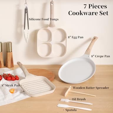 Kundita 7-Piece Granite Cookware Set, Premium Non-Stick Kitchen Collection with 8" Grill Pan, 4-Cup Egg Maker, Crepe Griddle and 4 Cooking Utensils - PFOA-Free for All Stovetops - Image 9