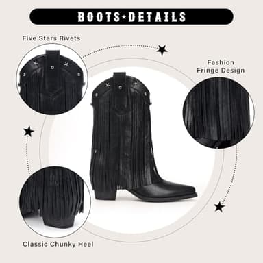 Bybmorto Black Fringe Cowboy Boots for Women – Star Studded Mid Calf Cowgirl Booties with Pointed Toe and Chunky Heel, Fashionable Western Style for Country Music Festivals, Size 10 - Image 4
