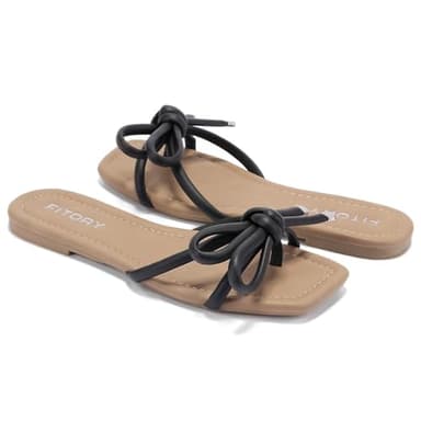 FITORY Women's Flat Sandals Square Open Toe Thong with Cute Knot for Summer Size 7 Black - Image 5