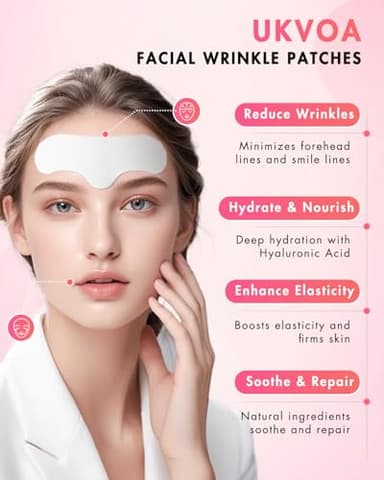 UKVOA Forehead Wrinkle Patches & Smile Line Patches, Overnight Facial Wrinkle Treatment with Hyaluronic Acid, Aloe, Collagen & Vitamin E to Lift Smile Lines for Women 36pcs - Image 2
