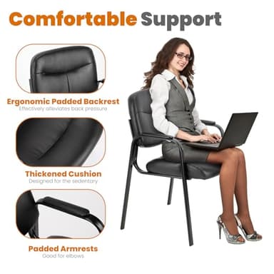 Elevon Waiting Room Chairs No Wheels Set of 4, Leather Stationary Office Reception Guest Chair with Padded Arms for Elderly Desk Conference Room Lobby Table Side Salon - Image 3