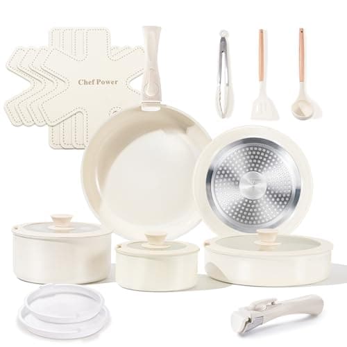 Chef Power Ceramic Cookware Set Non Toxic with Detachable Handles, Healthy Nonstick Pans and Pots Set 19 Pcs, Induction Dishwasher Oven Safe Kitchen Set, PFAS PFOA & PTFE Free, Cream White - Image 1