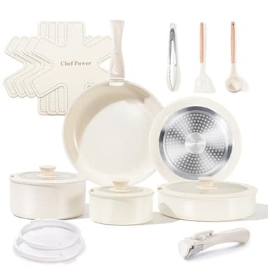 Chef Power Ceramic Cookware Set Non Toxic with Detachable Handles, Healthy Nonstick Pans and Pots Set 19 Pcs, Induction Dishwasher Oven Safe Kitchen Set, PFAS PFOA & PTFE Free, Cream White - Image 1