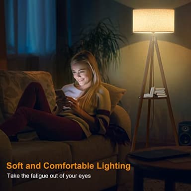 LEPOWER Tripod Floor Lamp, Mid Century Wood Standing Lamp, Modern Design Shelf Floor Lamp for Living Room, Bedroom, Office, Flaxen Linen Shade with E26 Base Brown - Image 4