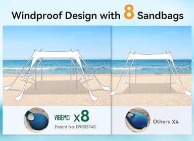 Vibemo Beach Tent, Beach Canopy Sun Shade with UPF50+ UV Protection, 10x10ft, Includes 8 Sandbags, Sand Shovel, Ground Pegs & 4 Stability Poles, Pop Up Sun Shelter for Camping, Picnics, Backyard Fun - Image 6