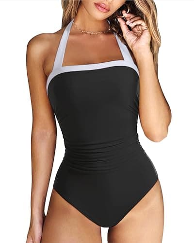 RXRXCOCO Women Retro One Piece Swimsuit Tummy Control Halter Vintage Bathing Suit Black and White X-Large - Image 1