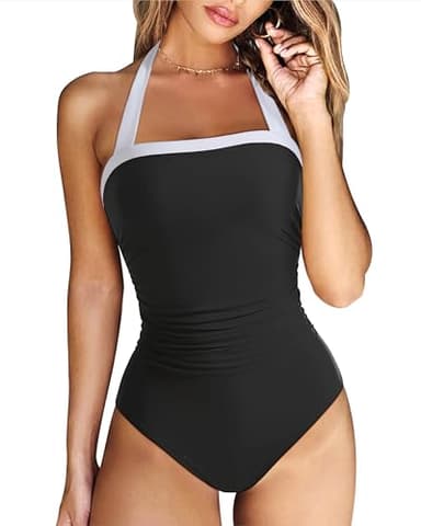 RXRXCOCO Women Retro One Piece Swimsuit Tummy Control Halter Vintage Bathing Suit Black and White X-Large - Image 1