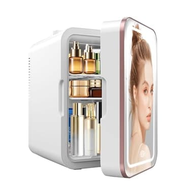 YLFU Skincare Fridge, 6L/10 Can Mini Fridge for Bedroom with Dimmable LED Mirror, Portable Cooler & Warmer Small Compact Refrigerator for Skincare, Cosmetics, Bedroom and Office, White - Image 1