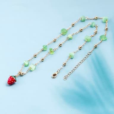 Da Piao Liang Strawberry Necklace Earrings With Green Cat'S Eye Stone - Beaded Choker Necklace Bracelet For Women Unique Graduation Gift (Style 1) - Image 5