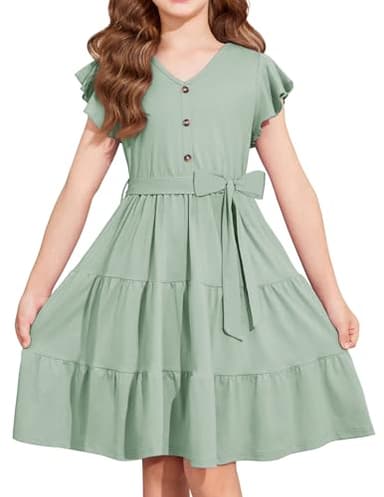 Arshiner Girls Dress Short Sleeve Summer V Neck Button Removable Belt Dresses with Pockets 5-6 Years Light Green - Image 1