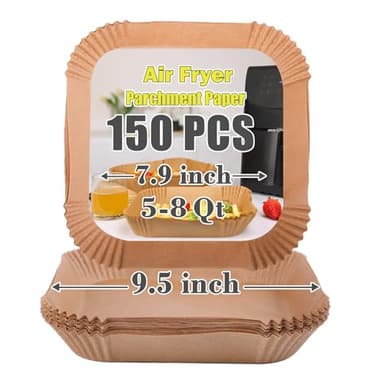 GOAUS Air Fryer Square Paper Liners Disposable Large 150 Pcs for 5 to 8 Qt Basket, 7.9 inch Unbleached Non-stick Oil-proof Parchment Paper - Image 1
