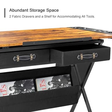 VECELO Drafting Table Art Desk Art Table Adjustable Drawing Table Tilted Tabletop with 2 Storage Drawers and Stool, Drawing Desk for Artist Painters Drawing, Crafting, Reading, Writing, Rustic Brown - Image 5