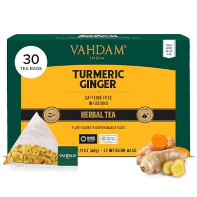 VAHDAM, Turmeric Ginger Herbal Tea Bags (30 Pyramid Tea Bags) Caffeine Free, Non GMO, Gluten Free | 100% Pure Herbal Blend - Savory & Spicy | Individually Wrapped Pyramid Tea Bags | Direct from Source - Image 1