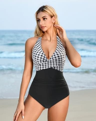 SUUKSESS Women Sexy Tummy Control One Piece Swimsuits Halter Push Up Monokini Bathing Suits (Black Gingham, L) - Image 2