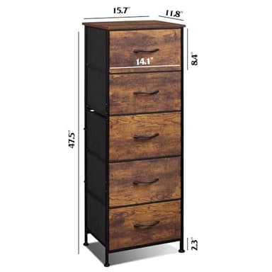 WLIVE Fabric Dresser, 5-Drawer Tall Dresser for Bedroom, Storage Organizer with Fabric Bins, Wood Top, Sturdy Steel Frame, Chest of Drawers for Closet, Hallway, Rustic Brown Wood Grain Print - Image 3