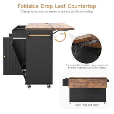 60" Kitchen Island with Power Outlet & Drop Leaf, Kitchen Rolling Island with Spice Rack & Towel Rack, Knife Holder, Kitchen Island Cart with Trash Storage Cabinet, Mobile Island Table for Kitchen - Image 5
