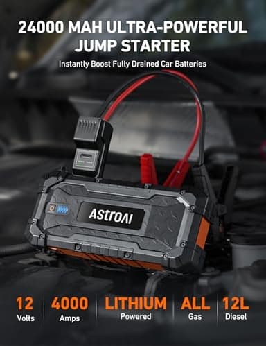 AstroAI S8 Ultra 4000A Jump Starter, 24000mAh Car Starter(All Gas, Up to 12L Diesel Engine), 12V Auto Battery Booster Pack, Jump Box with USB Quick Charge and DC/Type C Port, LED Light, Jumper Cable - Image 2