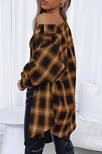 CHYRII Womens Button Down Flannel Shirts Long Sleeve Plaid Shacket Business Casual Tops Brown XXL - Image 2