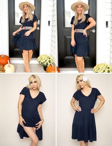 HOTOUCH Casual Navy Blue Dress for Womens Tiered Dresses for Summer Cute Pleated Dress with Side Pockets Ruffle Hem V Neck Loose Swing Dress Navy Blue Medium - Image 4