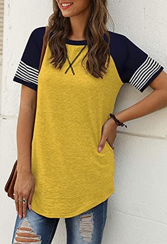 Adibosy Women Summer Casual Shirts: Short Sleeve Striped Tunic Tops - Womens Color Block Tee Tshirt Blouses Yellow XL - Image 2