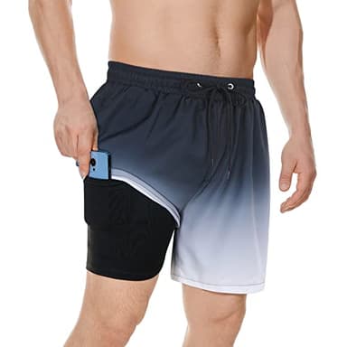 American Trends Mens Beach Short Summer Water Swimsuit for Men Swim Shorts with Compression Liner Bathing Suit Black Grey Gradient L - Image 1